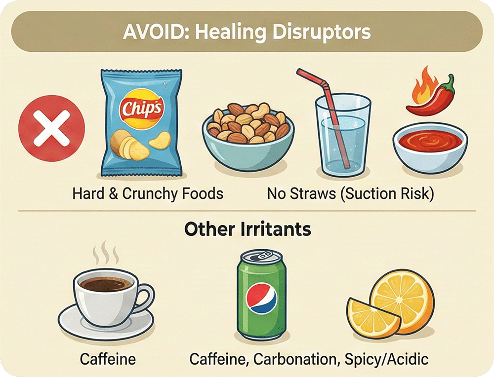 Illustrated list of foods and drinks to avoid after buccal fat removal, including chips, straws, caffeine, and spicy items