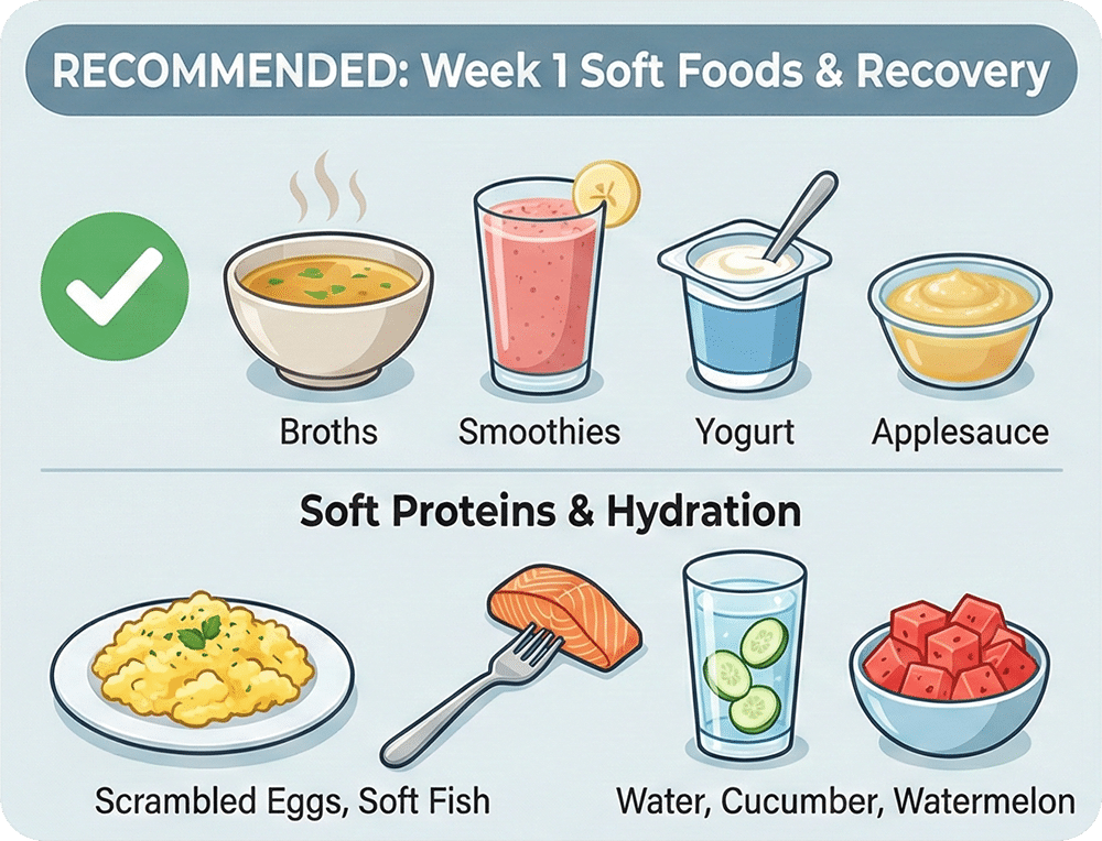 Illustrated guide of soft foods like broths, smoothies, and yogurt recommended for buccal fat removal recovery week one