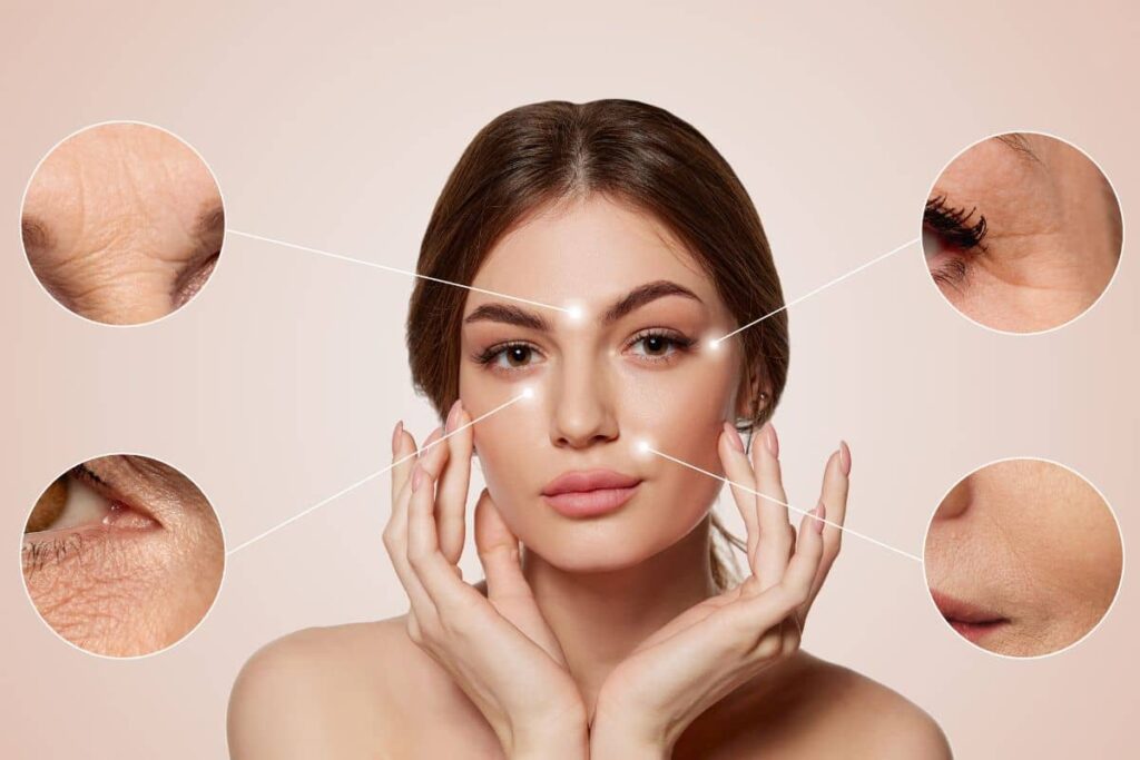 Woman’s face highlighting Botox treatment areas for expression lines with close-ups of forehead, eyes, and mouth regions.