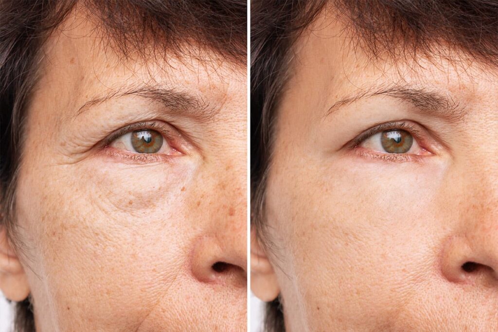 Two images (before and after) of a mature female patient who underwent a lower eyelid procedure.