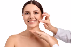 A doctor's hands gently examining the jawline and cheek of a smiling woman to evaluate her for a facial procedure.